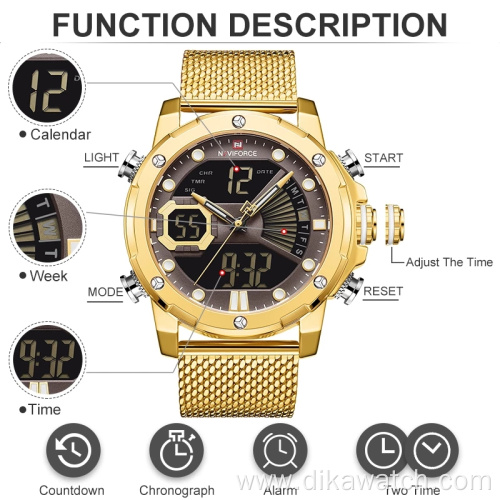 NAVIFORCE 9172 Waterproof Sport Watches For men Gold Quartz Steel Strap Military Digital wristwatches Clock Relogio Masculino